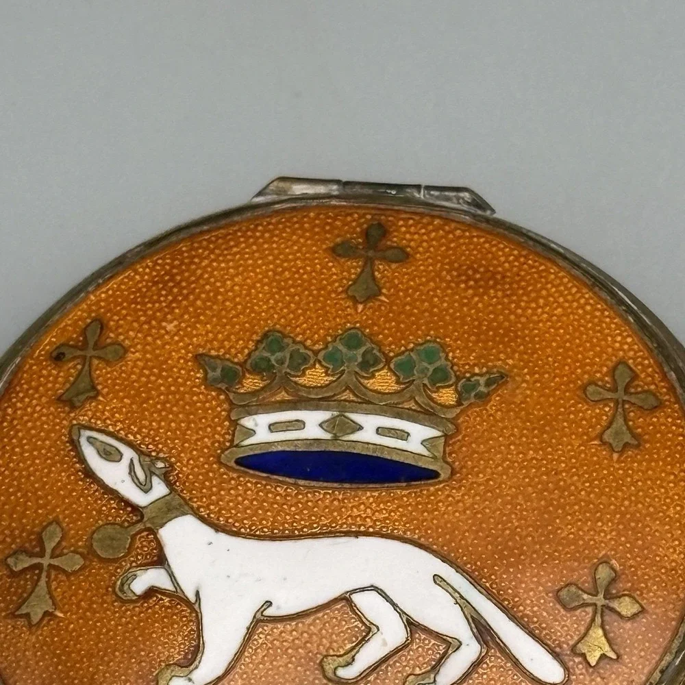 Antique Compact Powder Case French Cloisonné Enamel France Crown Ermine Cross
